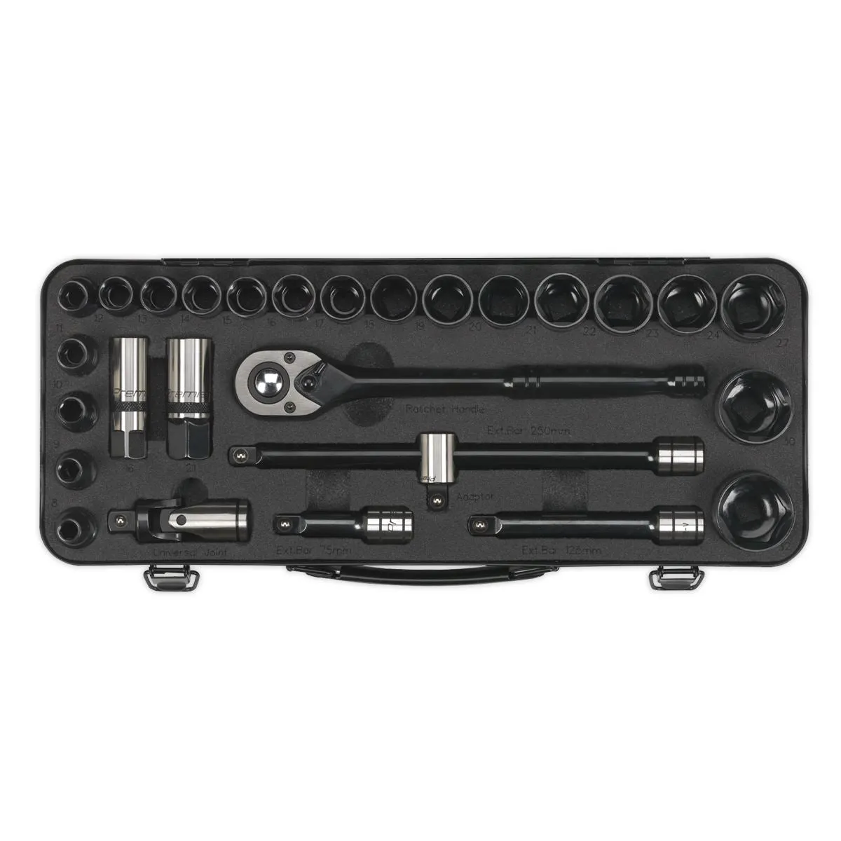 Sealey Premier Socket Set 28 Piece 1/2" Drive 6 Point WallDrive Metric Black Series