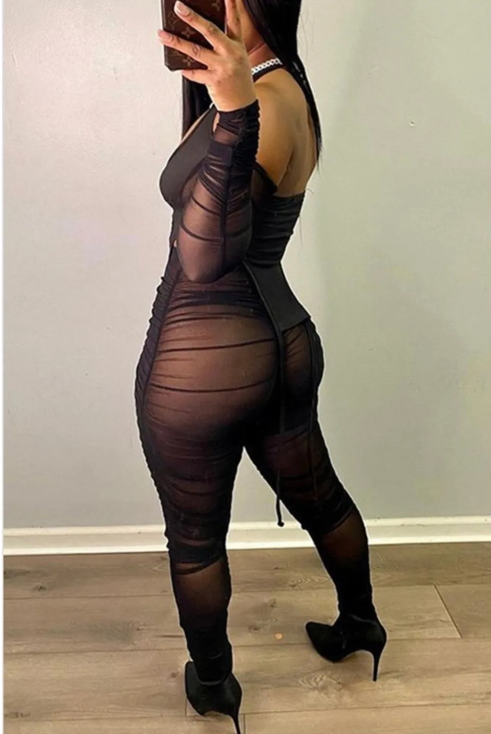 See Through Bad Ruched Mesh Two-Piece Set