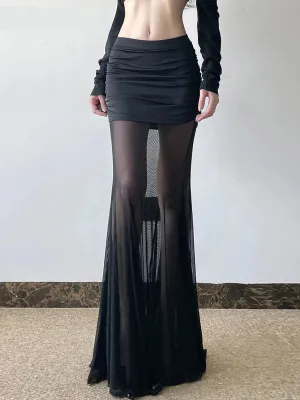 See Through Dark Solid Mesh Skirt