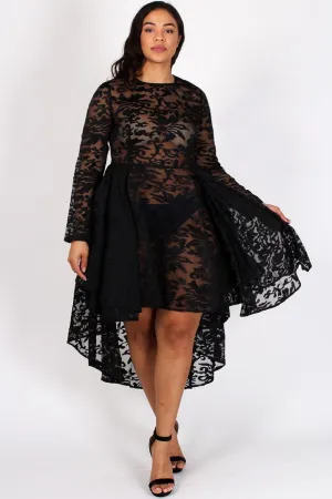 See Through Detailed Hi Lo Lace Plus Size Dress