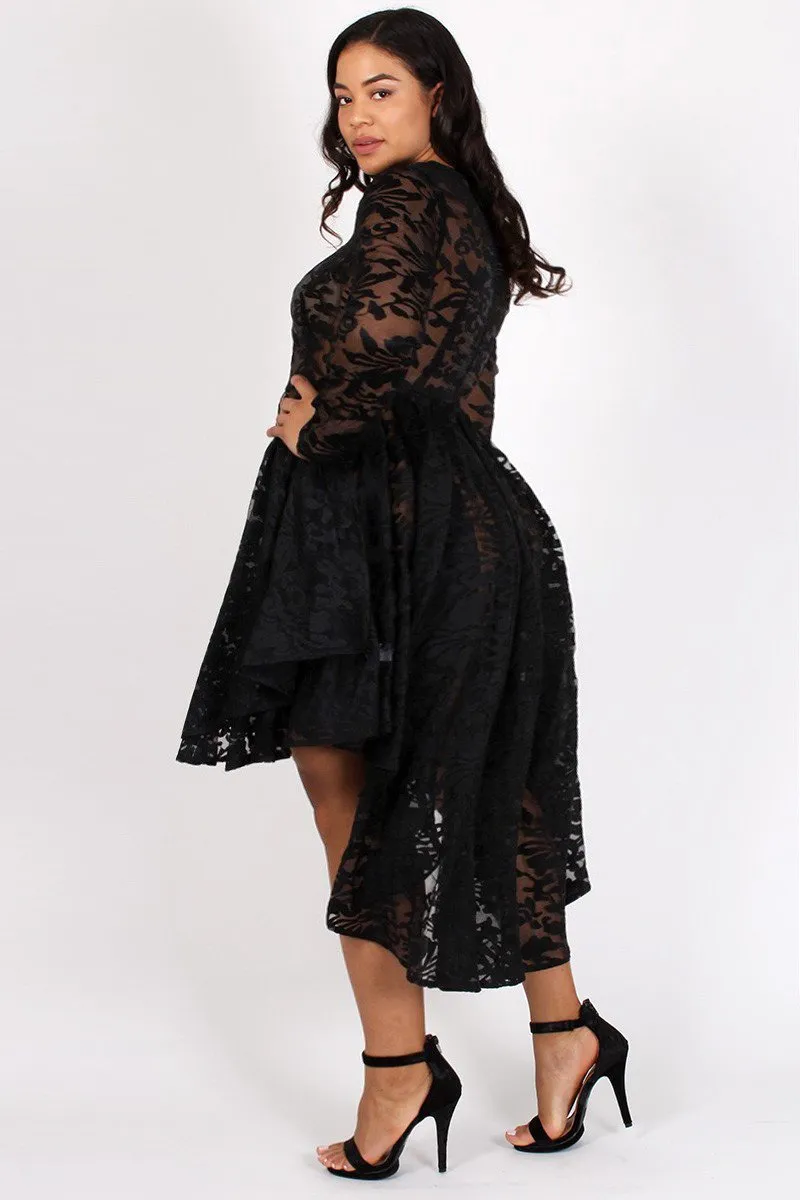 See Through Detailed Hi Lo Lace Plus Size Dress