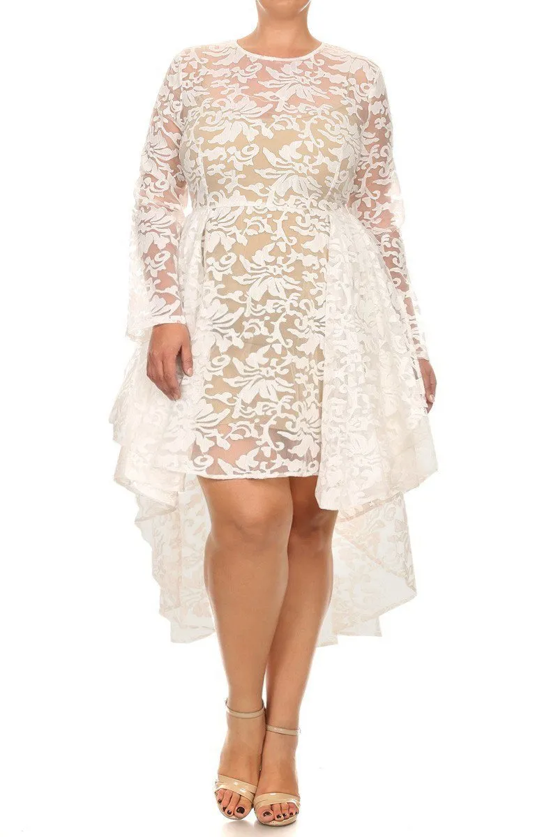 See Through Detailed Hi Lo Lace Plus Size Dress