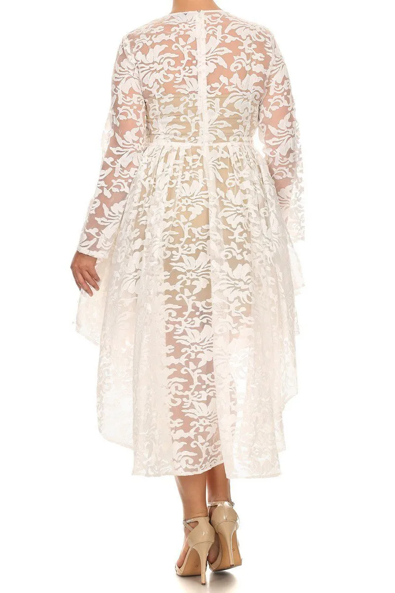 See Through Detailed Hi Lo Lace Plus Size Dress