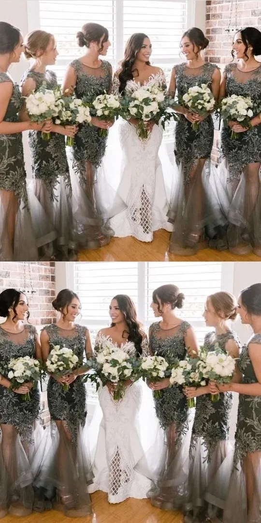 See Through Long Lace Applique Cheap Uniuque Formal Bridesmaid Dresses,WG373