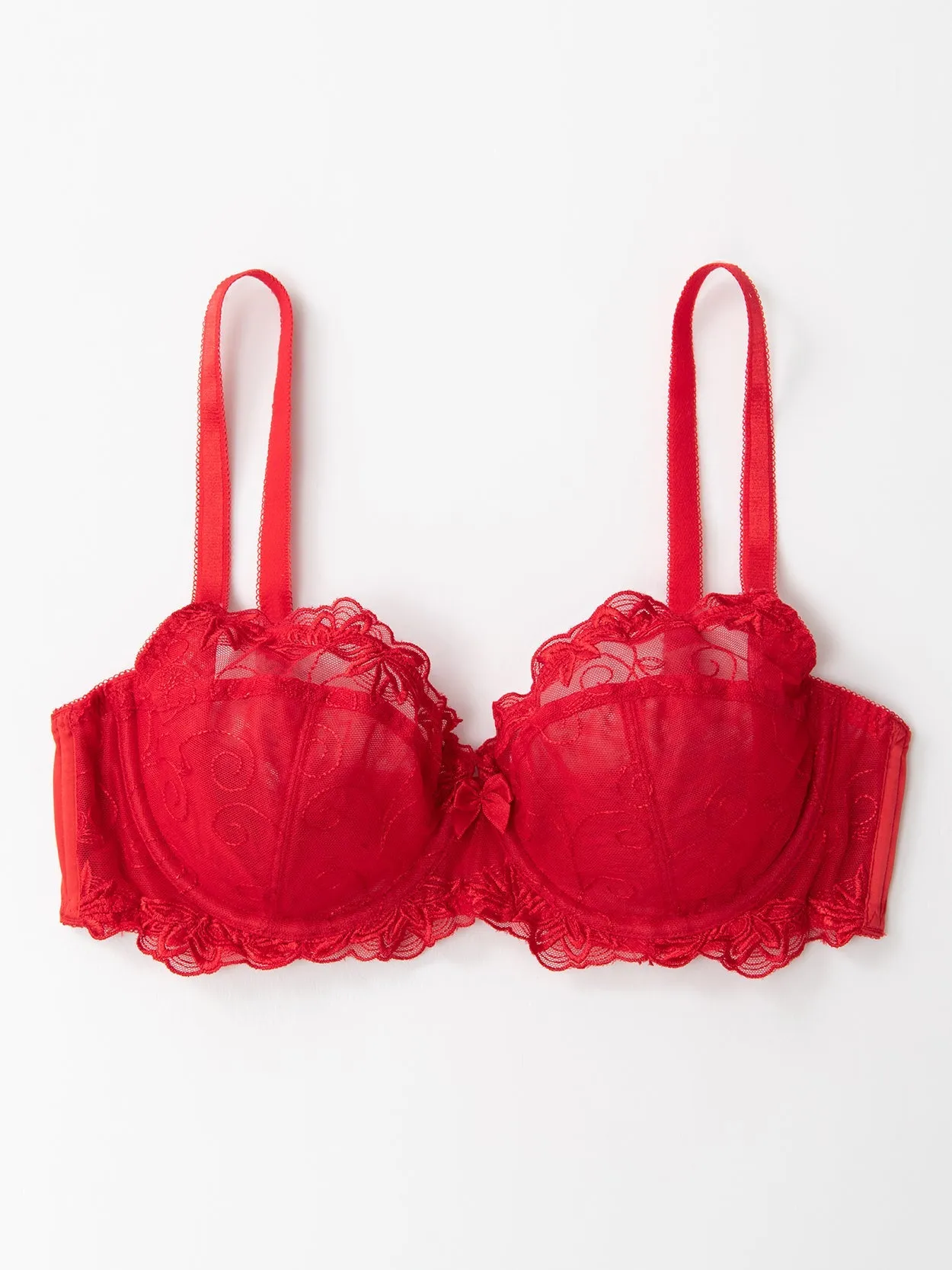 See Through Mesh Cups Non-pads Embroidered Bra Red