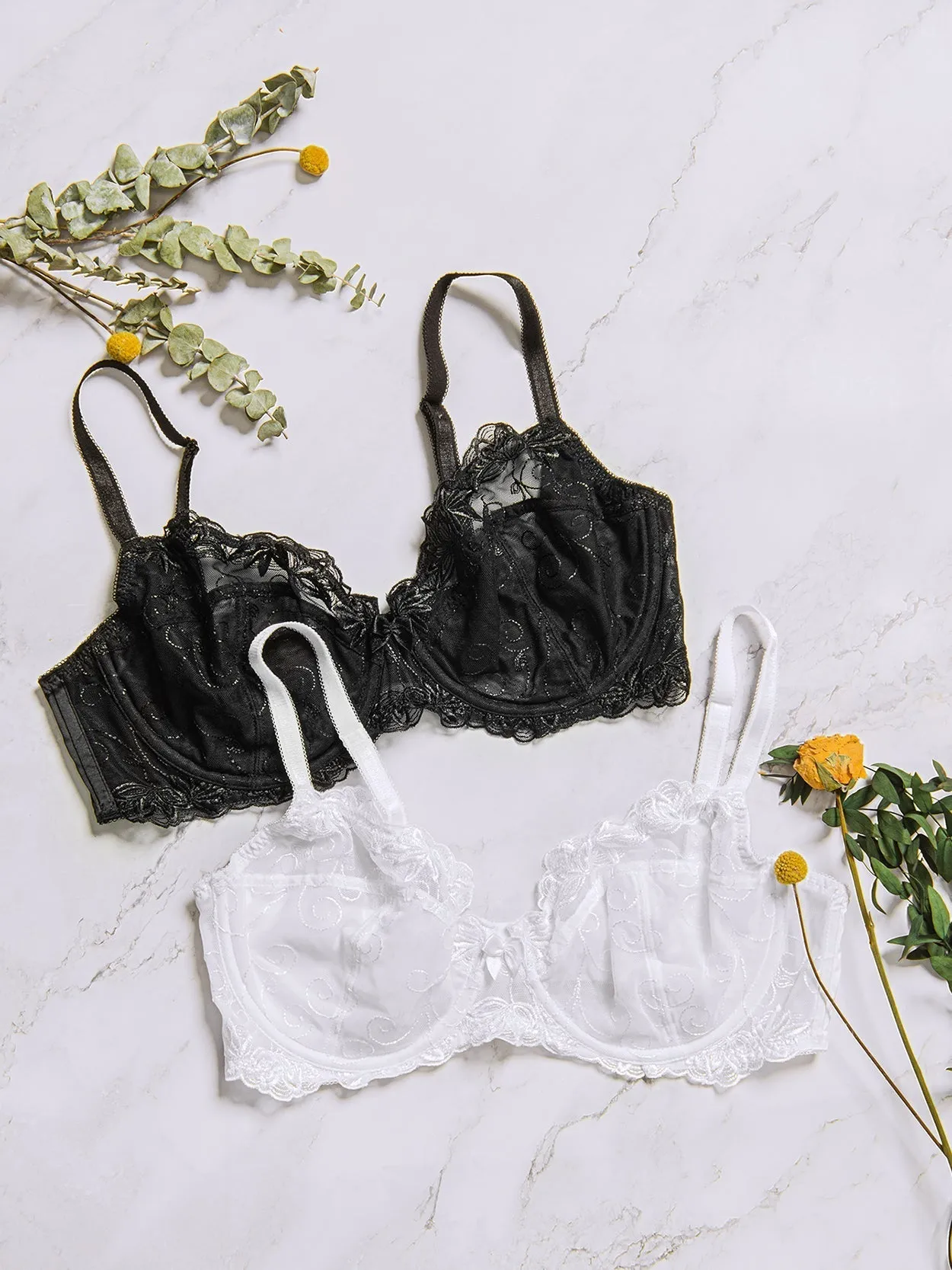 See Through Mesh Cups Non-pads Embroidered Underwire Bra White