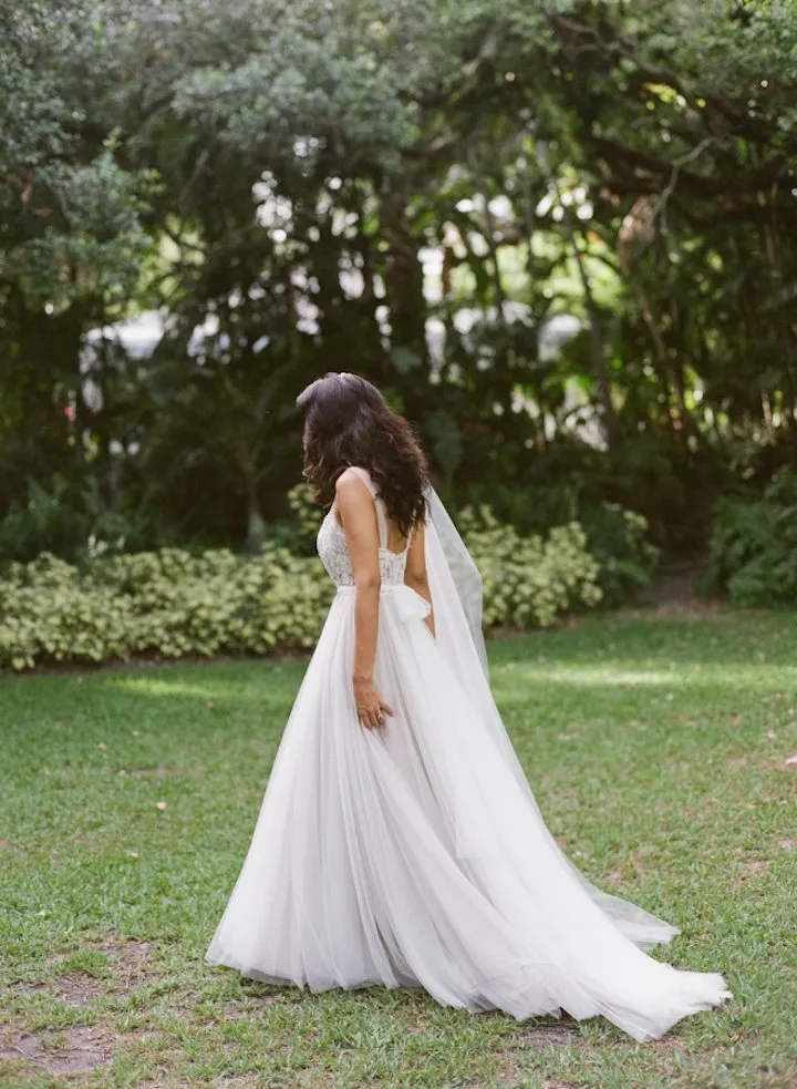 See Through Neckline Lace Top Tulle A-line Wedding Dresses, AB1170