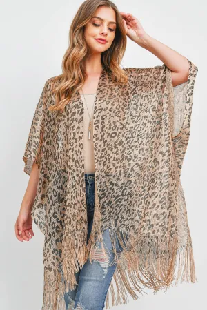 SEMI SEE THROUGH LEOPARD PRINT FRINGE KIMONO