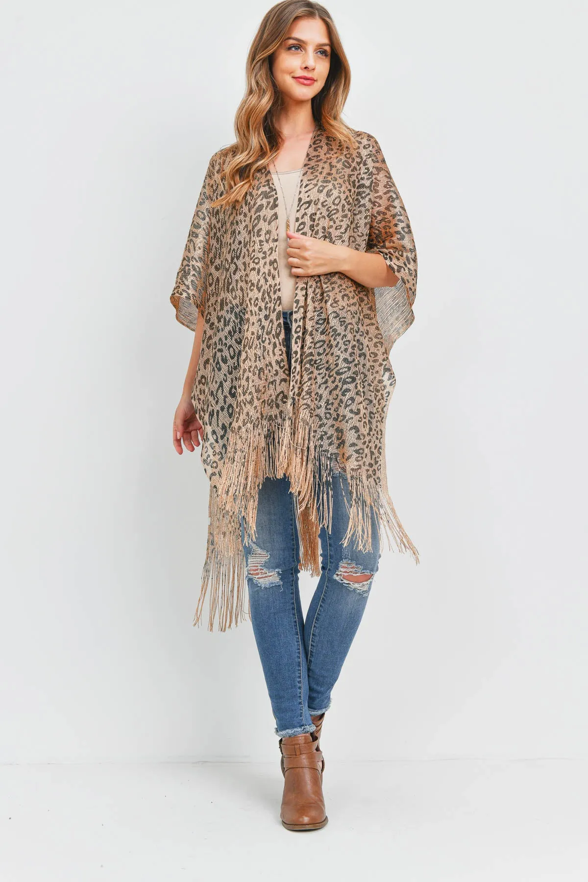 SEMI SEE THROUGH LEOPARD PRINT FRINGE KIMONO