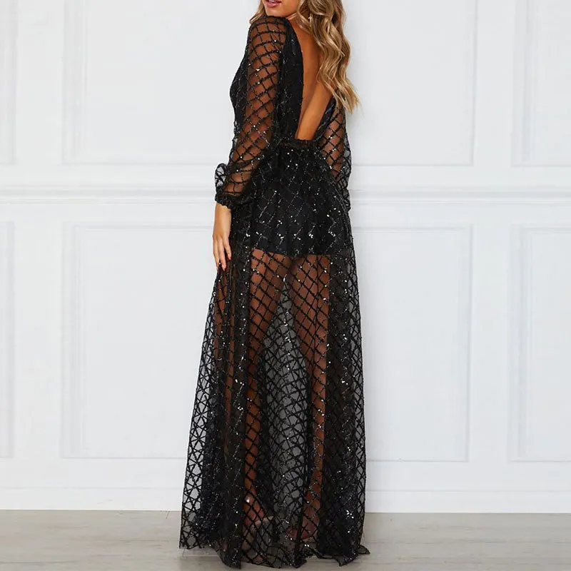 Sequins Deep V-Neck Long Sleeve See Through Dress