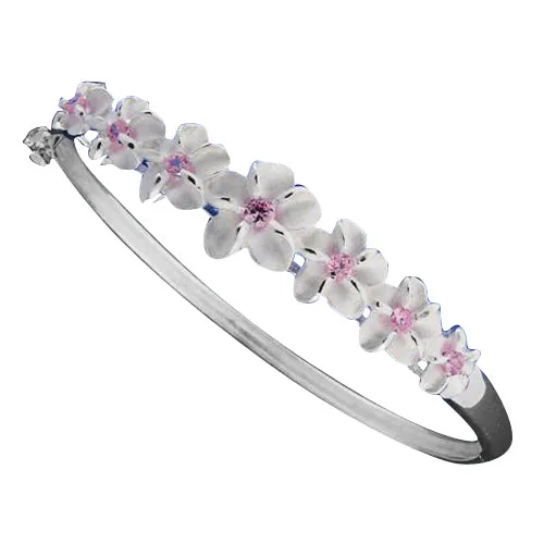 Seven Plumeria Flower Open Bangle With CZ Inlay