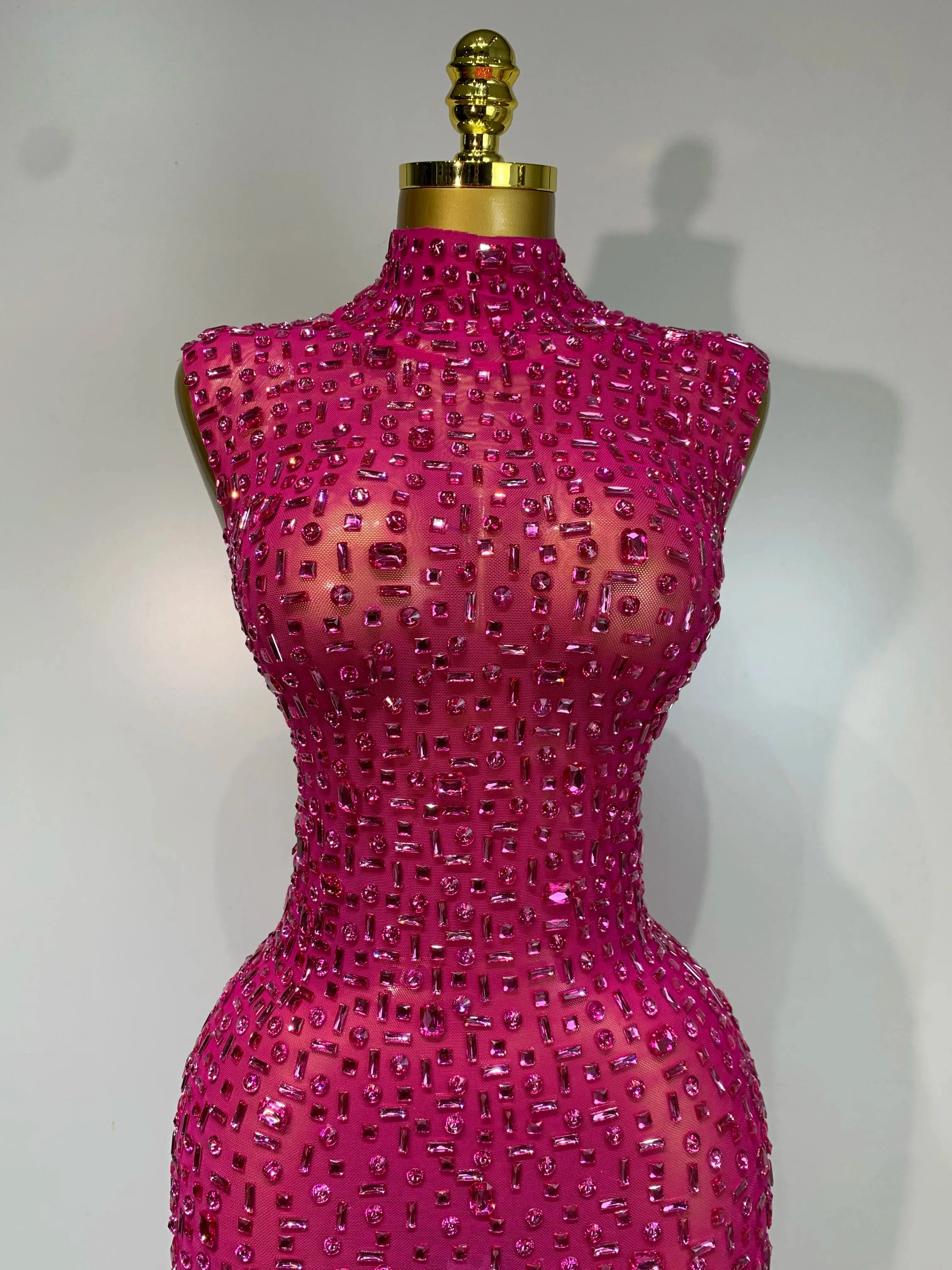 Sexy Mesh See Through Crystal Diamonds  Dress