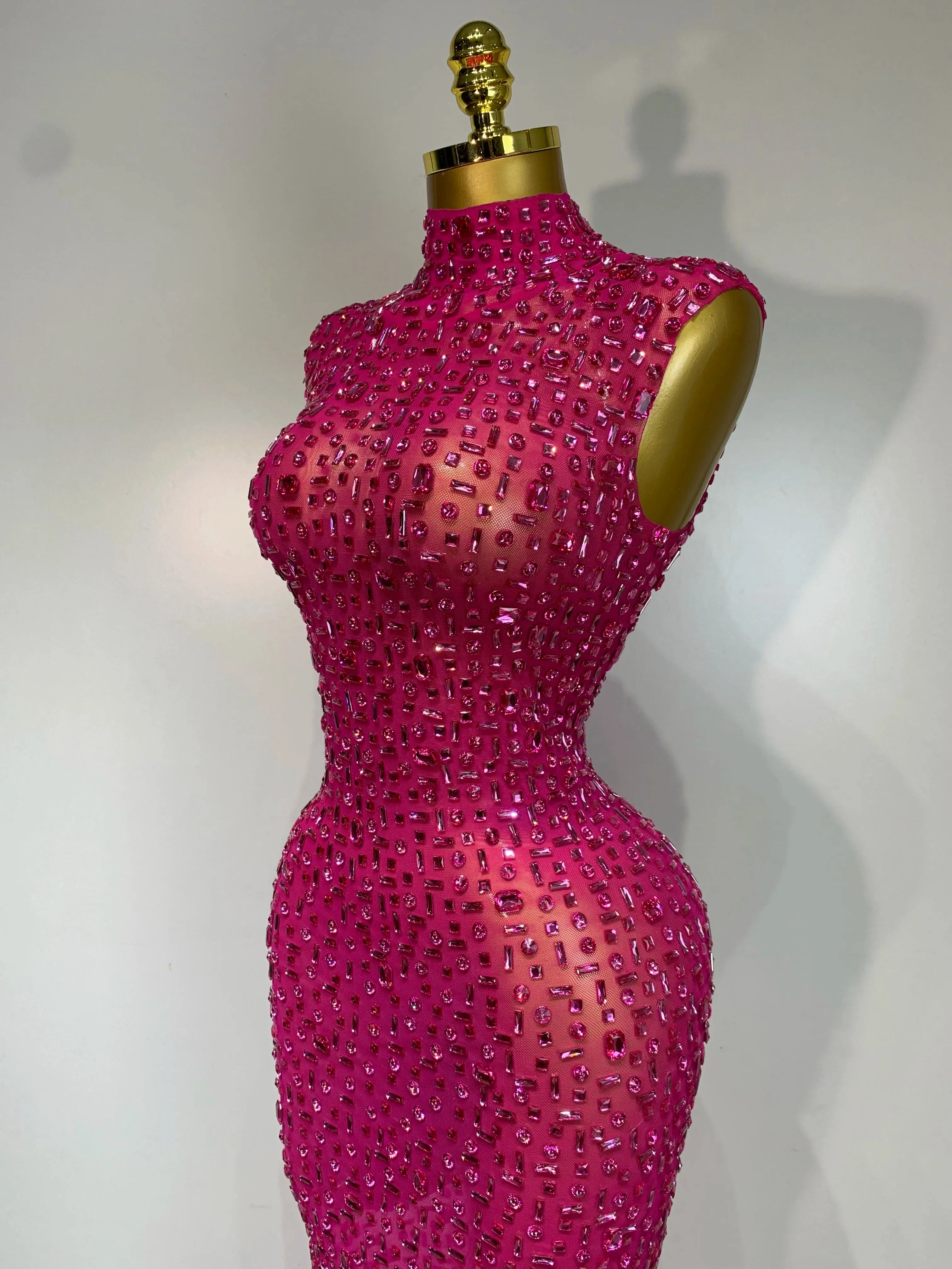 Sexy Mesh See Through Crystal Diamonds  Dress