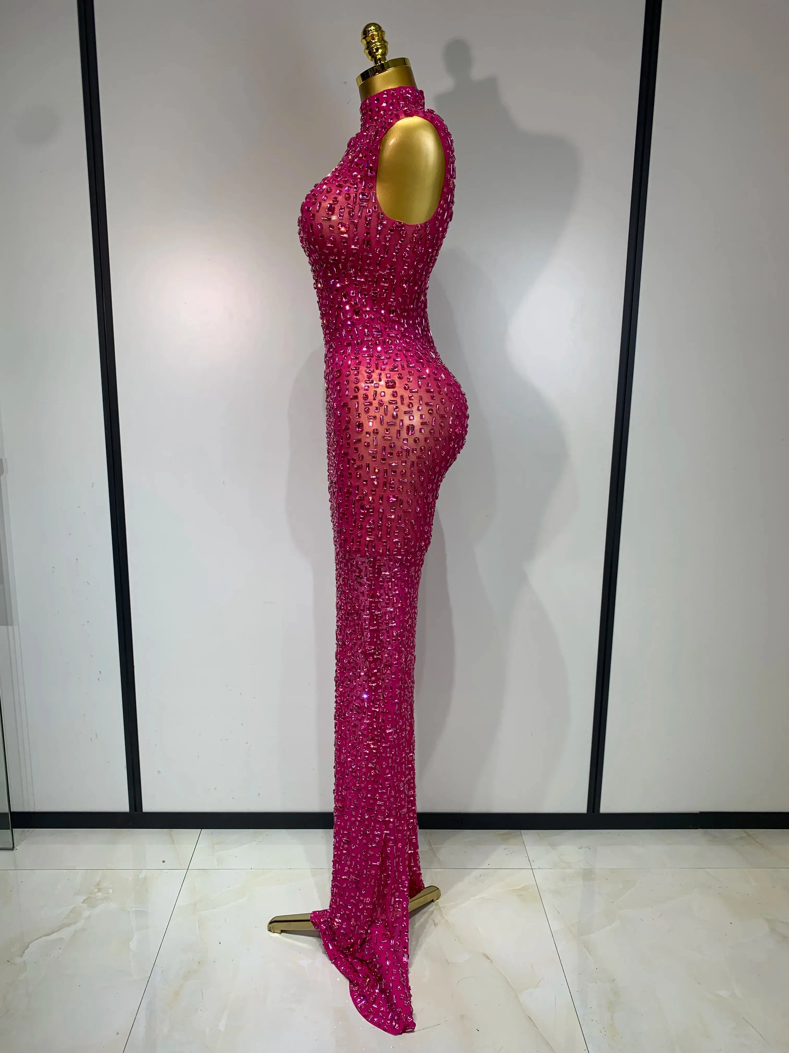 Sexy Mesh See Through Crystal Diamonds  Dress