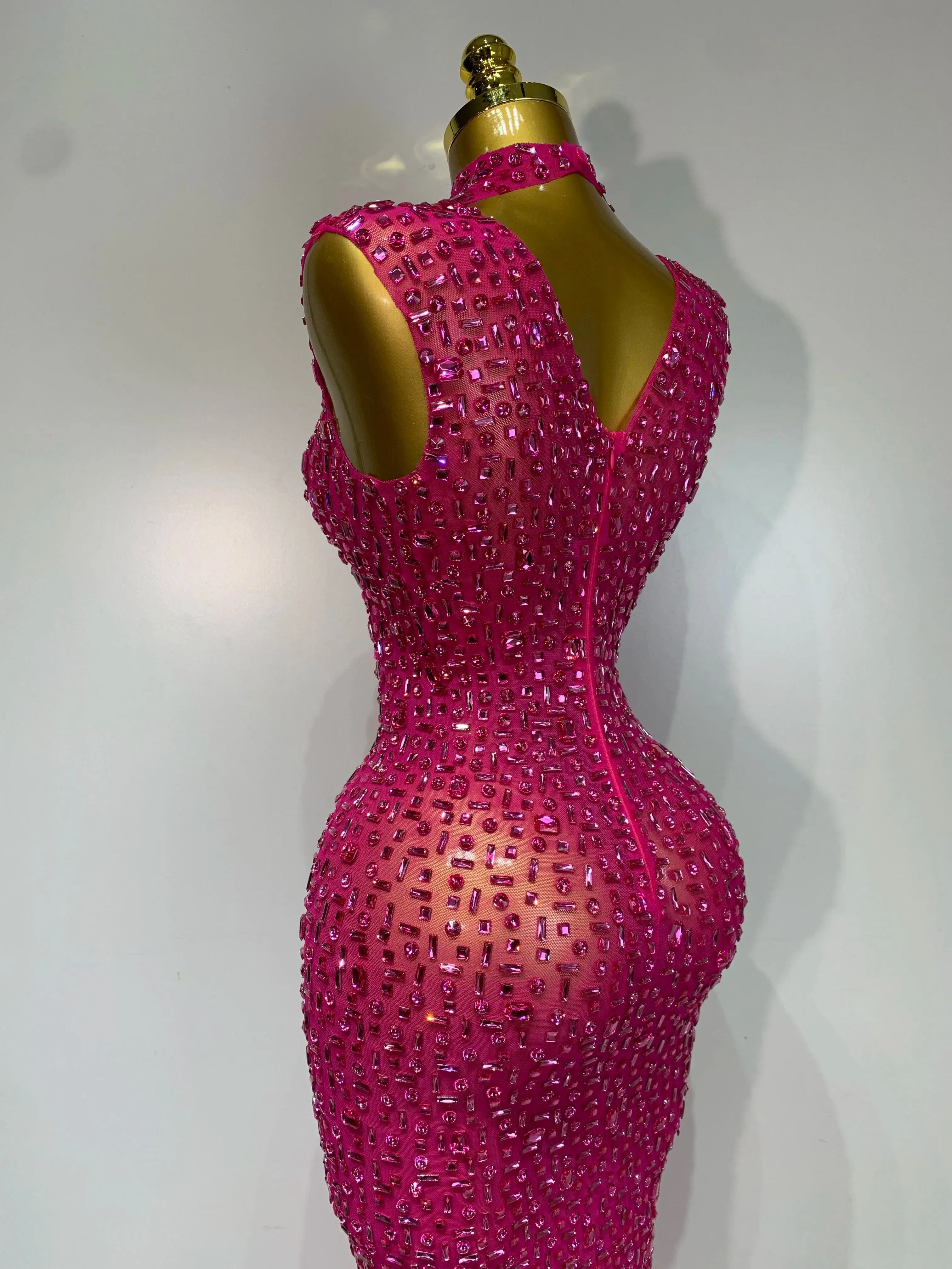 Sexy Mesh See Through Crystal Diamonds  Dress