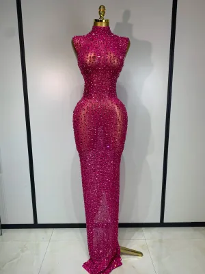 Sexy Mesh See Through Crystal Diamonds  Dress