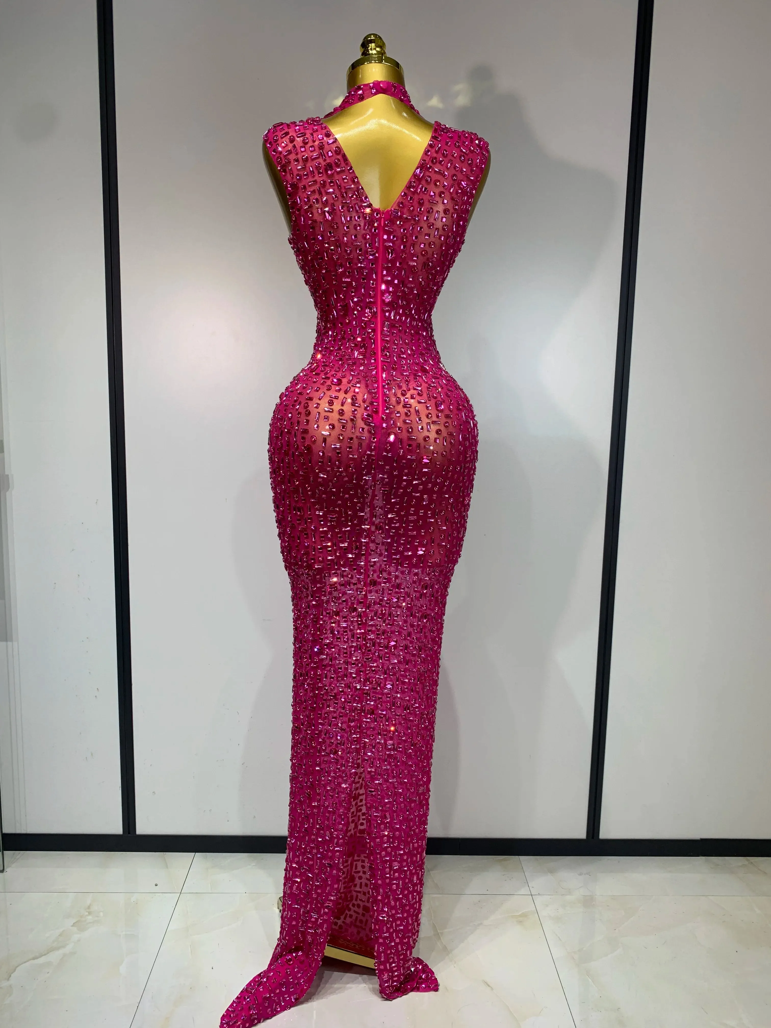 Sexy Mesh See Through Crystal Diamonds  Dress