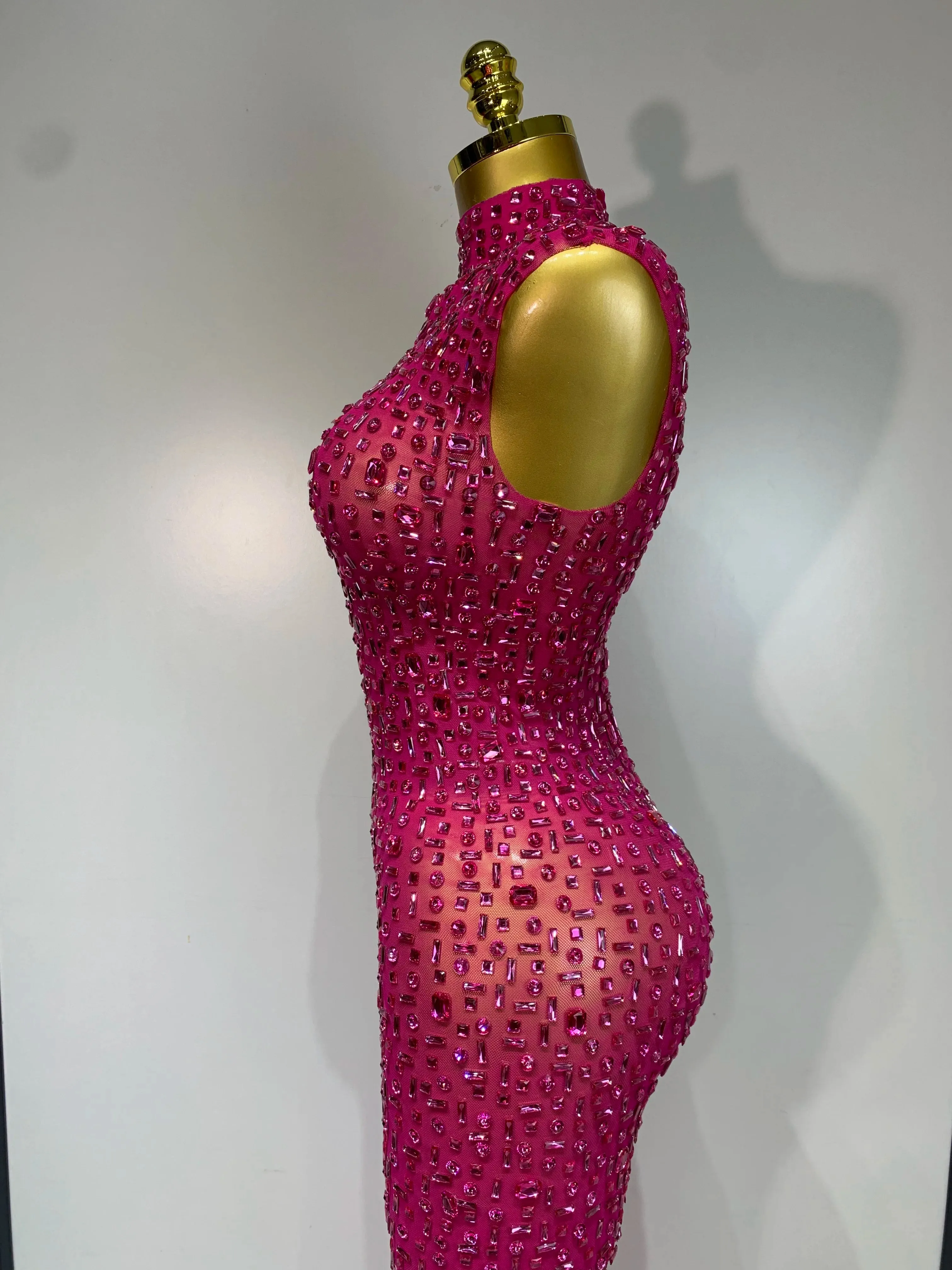 Sexy Mesh See Through Crystal Diamonds  Dress