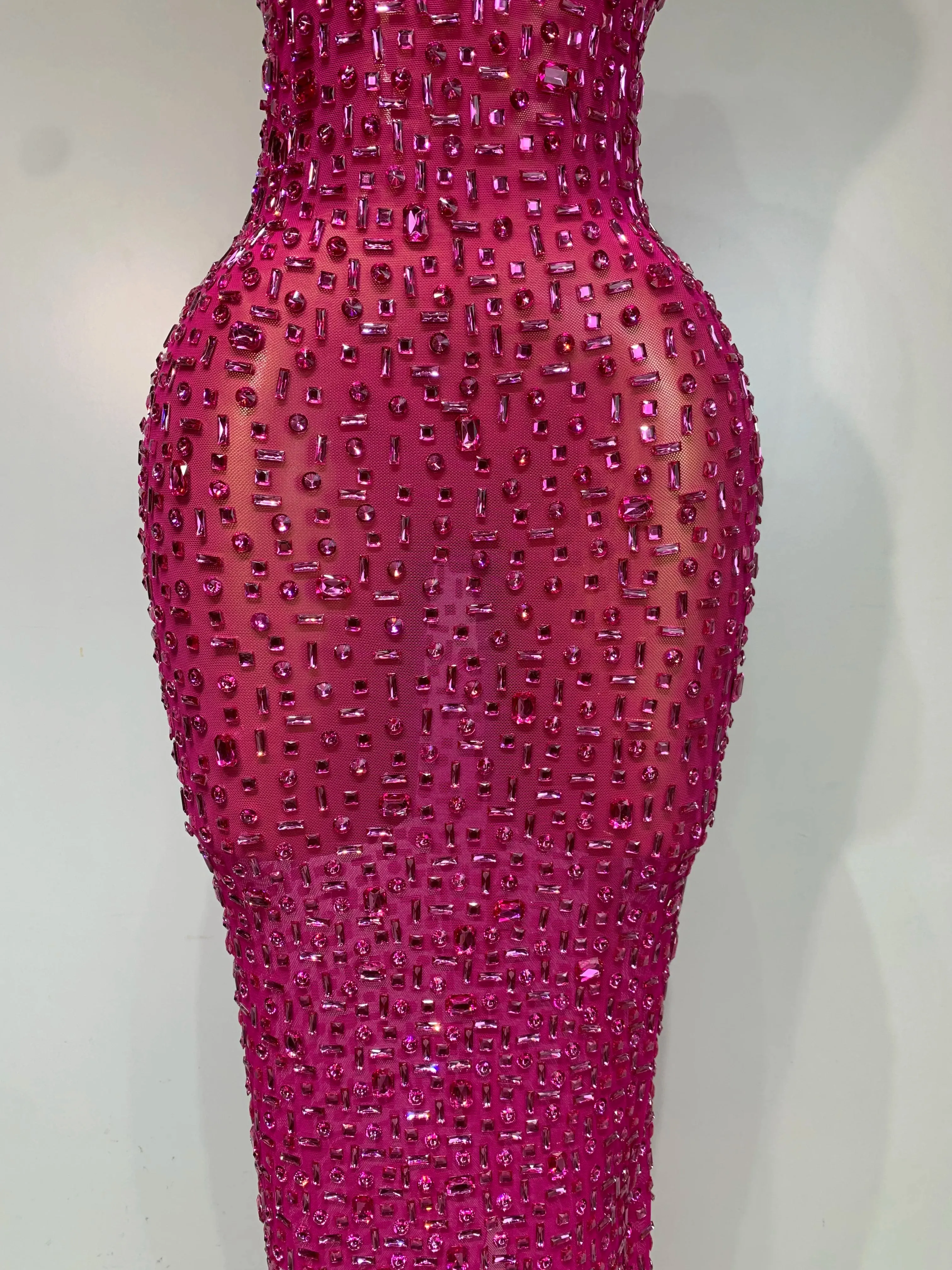 Sexy Mesh See Through Crystal Diamonds  Dress