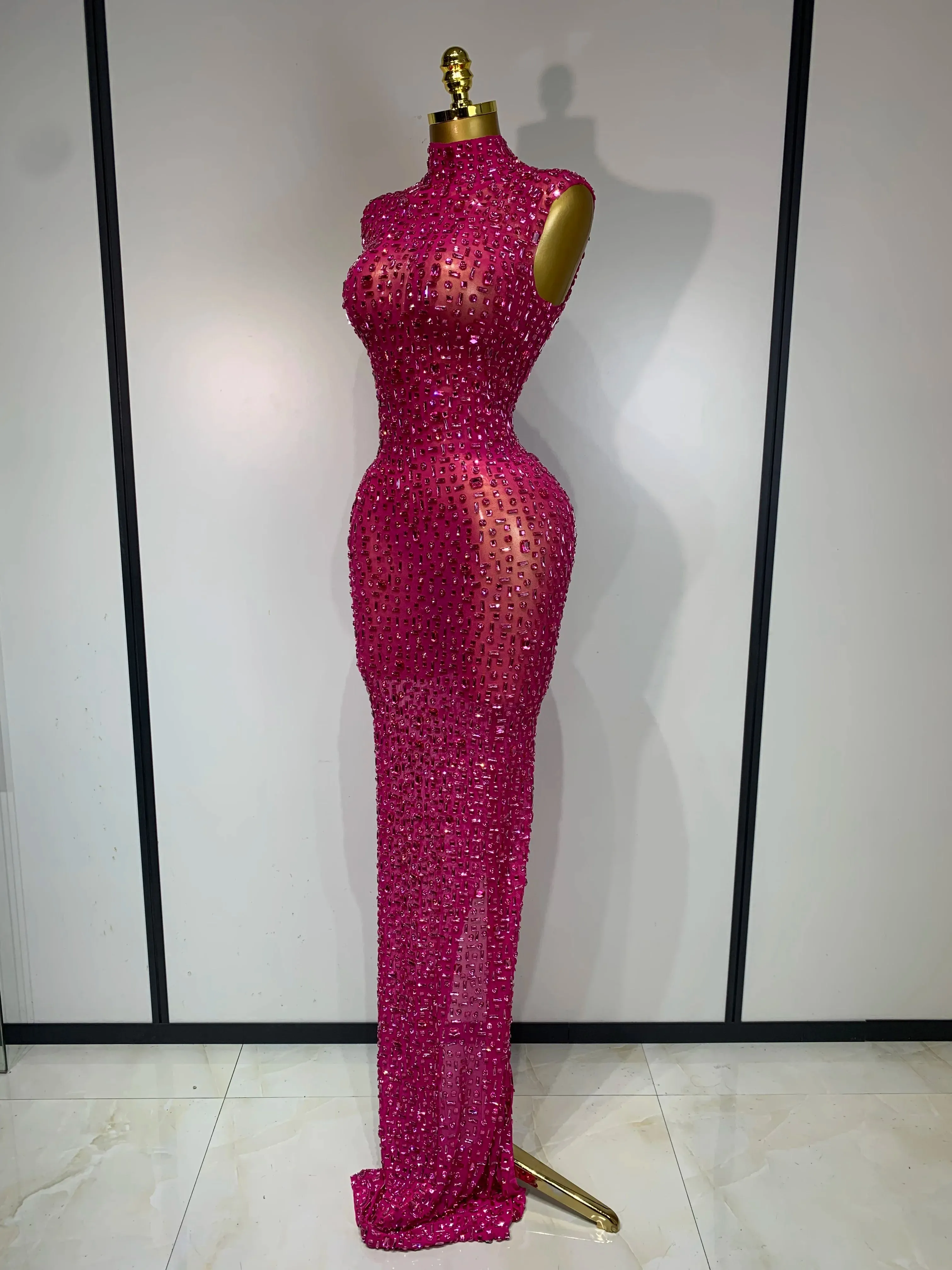 Sexy Mesh See Through Crystal Diamonds  Dress