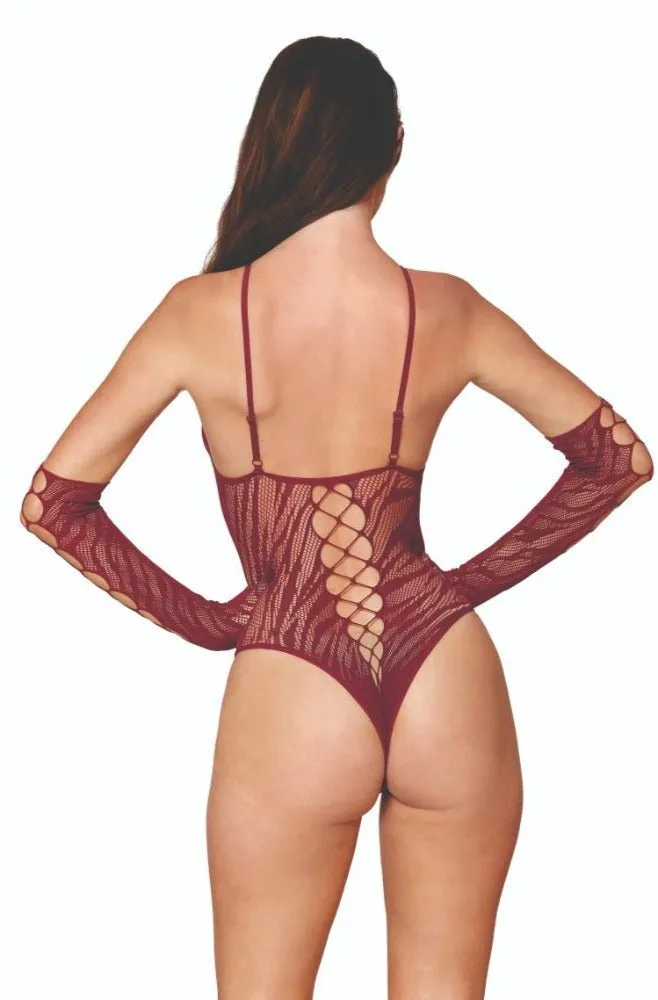 Sexy Zebra Print Fishnet Teddy Set with Gloves