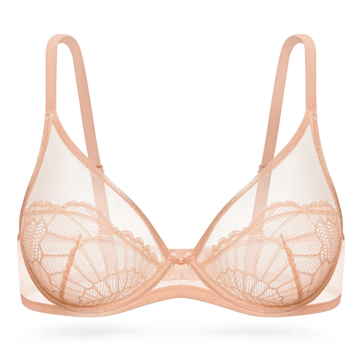 Sheer Lace Underwire Unlined Mesh & Adjustable Straps Bra Nude