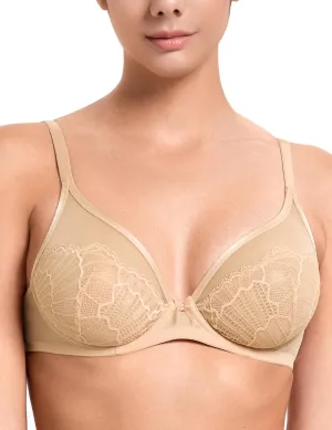 Sheer Lace Underwire Unlined Mesh & Adjustable Straps Bra Nude