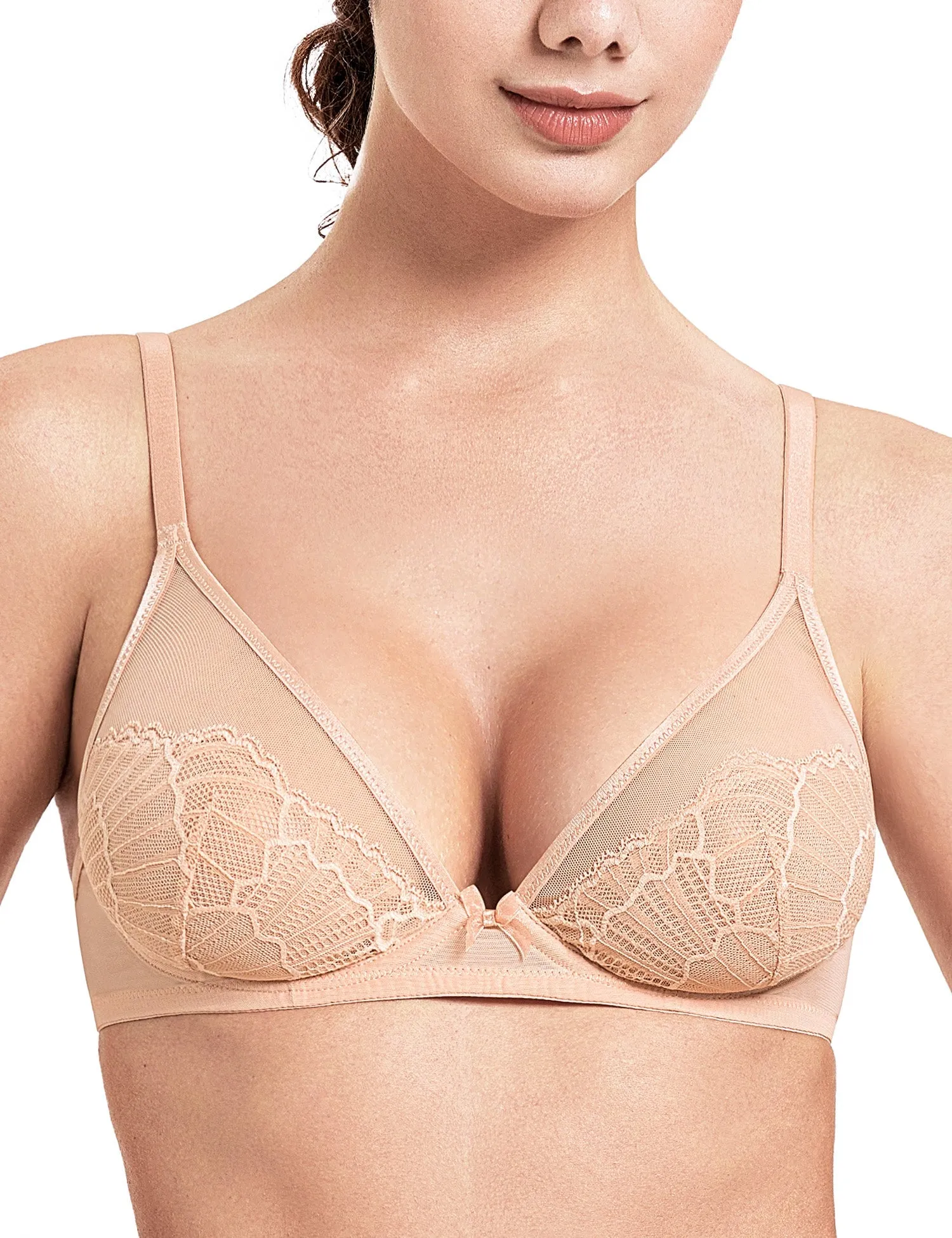 Sheer Lace Underwire Unlined Mesh & Adjustable Straps Bra Nude