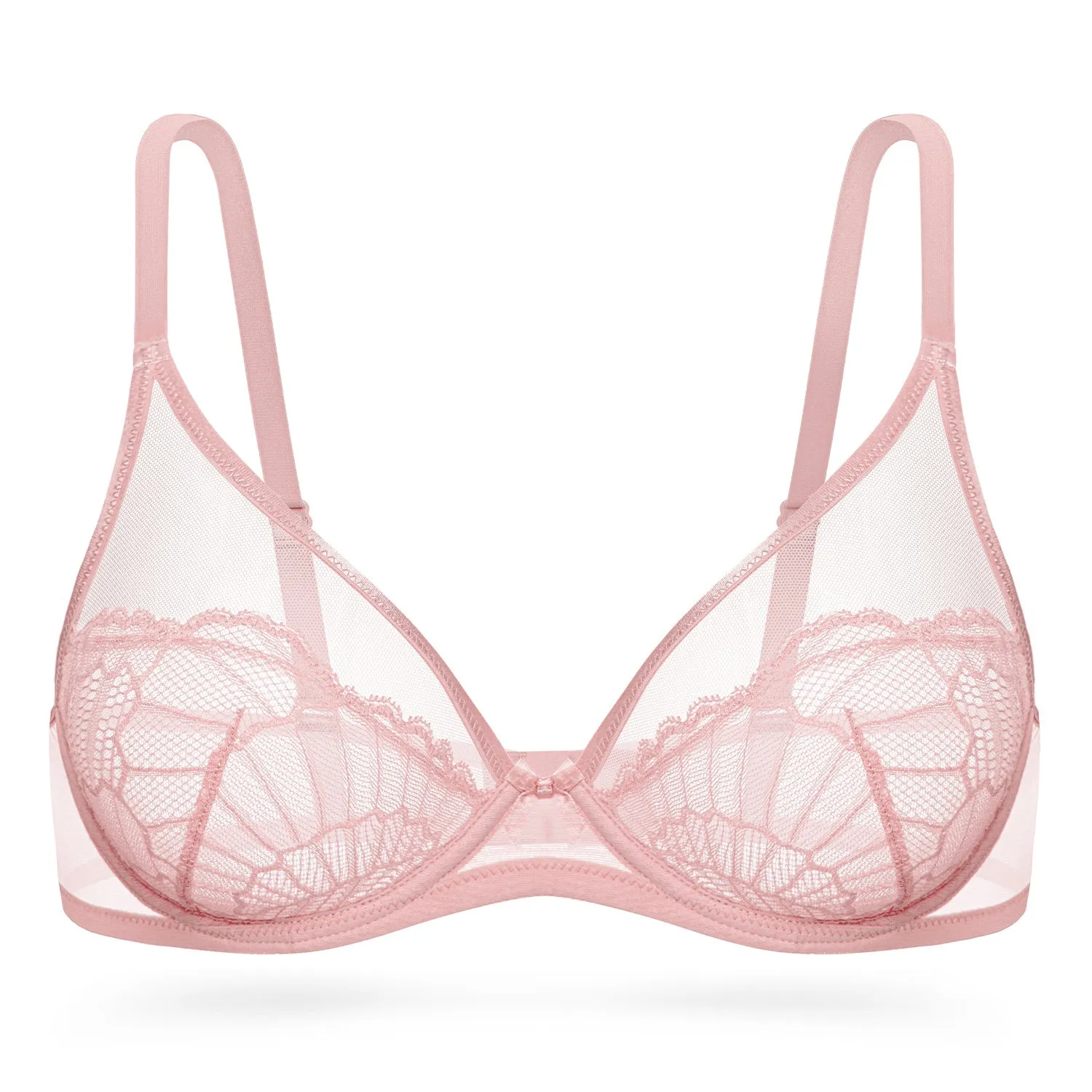 Sheer Lace Underwire Unlined Mesh & Adjustable Straps Bra Rose Pink