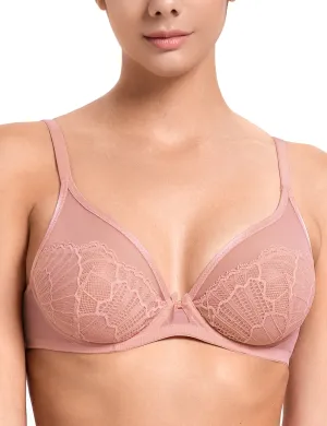 Sheer Lace Underwire Unlined Mesh & Adjustable Straps Bra Rose Pink