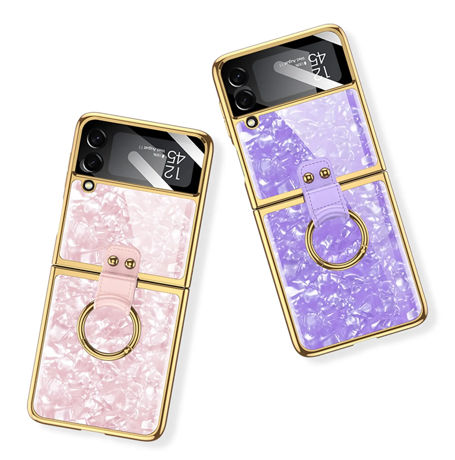 Shell Pattern Tempered Glass Case For Samsung Galaxy Z Flip 3 5G Plating Frame Ring hard Phone Cover For Galaxy Z Flip3 Case