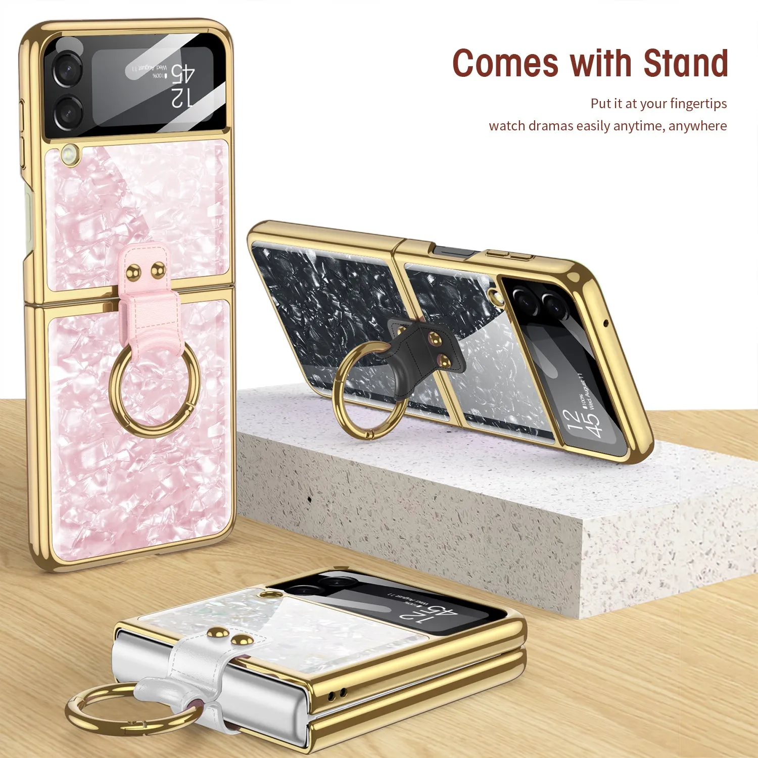 Shell Pattern Tempered Glass Case For Samsung Galaxy Z Flip 3 5G Plating Frame Ring hard Phone Cover For Galaxy Z Flip3 Case