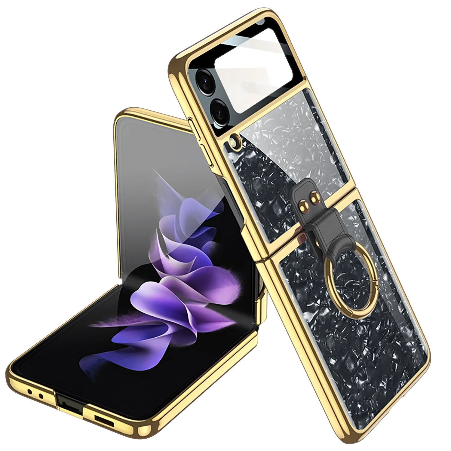 Shell Pattern Tempered Glass Case For Samsung Galaxy Z Flip 3 5G Plating Frame Ring hard Phone Cover For Galaxy Z Flip3 Case