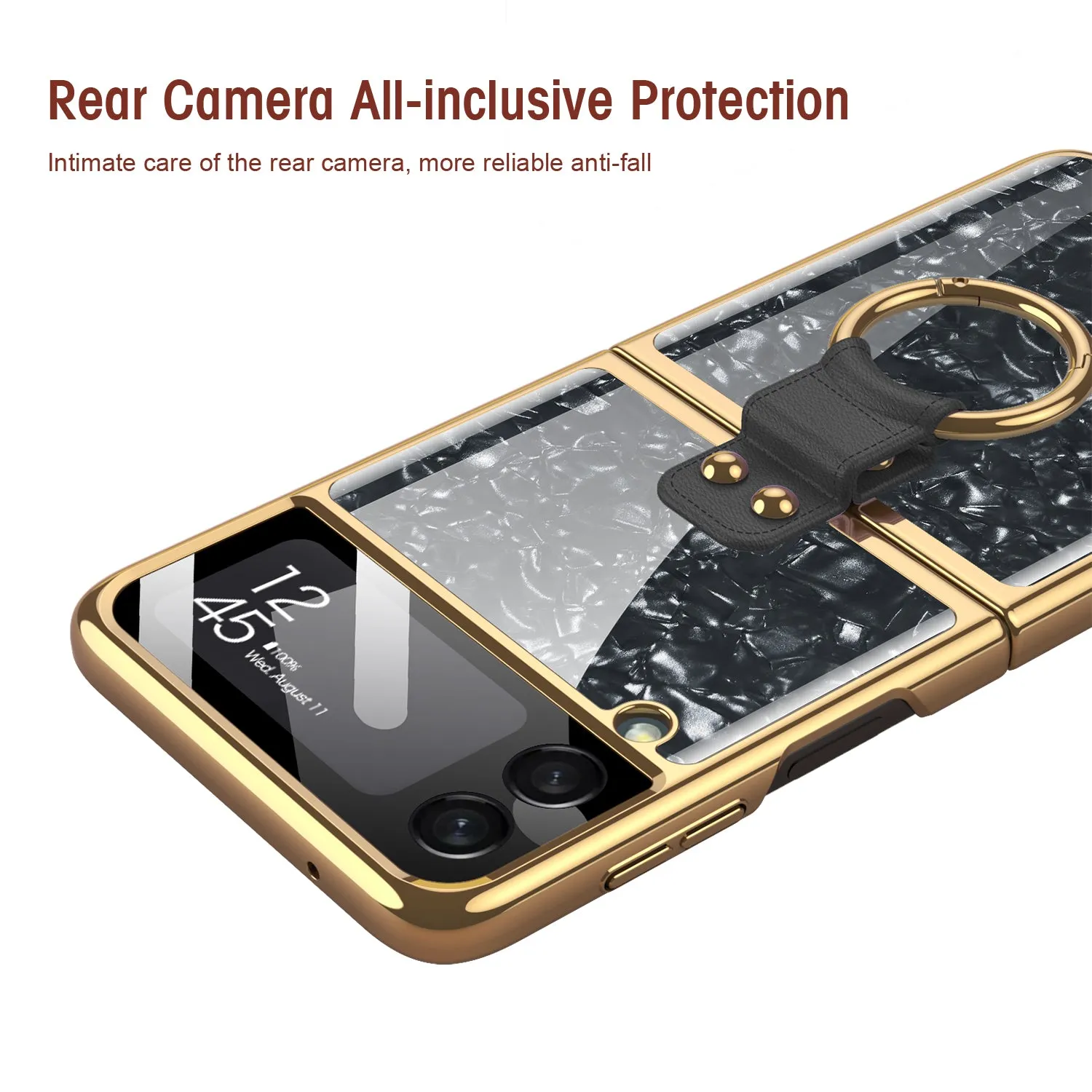 Shell Pattern Tempered Glass Case For Samsung Galaxy Z Flip 3 5G Plating Frame Ring hard Phone Cover For Galaxy Z Flip3 Case