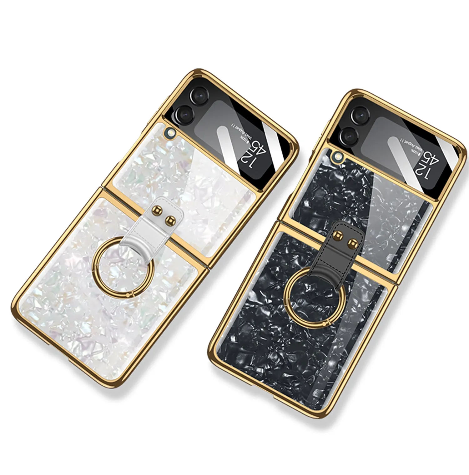 Shell Pattern Tempered Glass Case For Samsung Galaxy Z Flip 3 5G Plating Frame Ring hard Phone Cover For Galaxy Z Flip3 Case