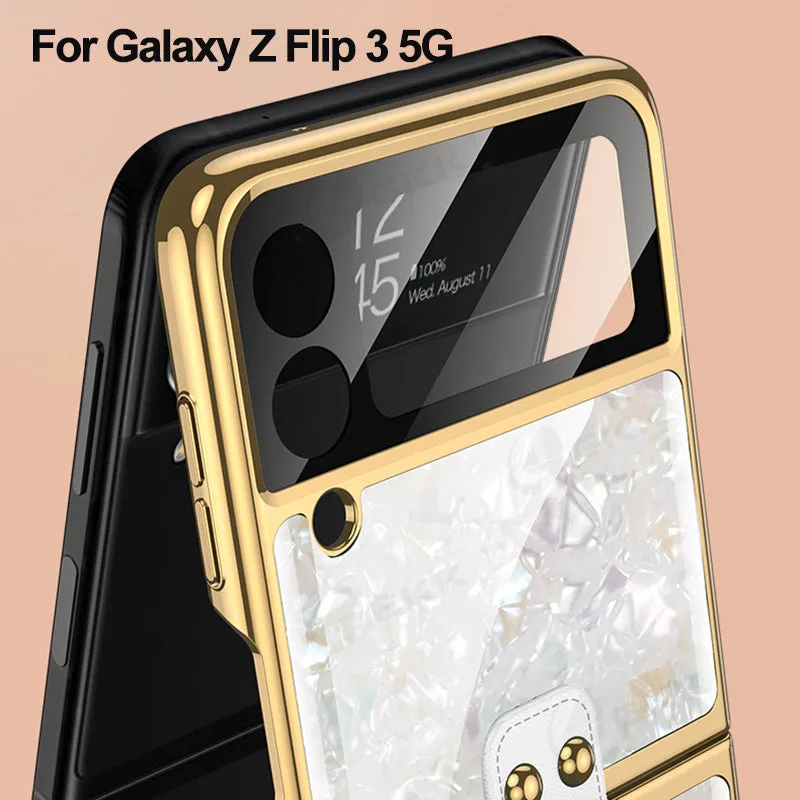 Shell Pattern Tempered Glass Case For Samsung Galaxy Z Flip 3 5G Plating Frame Ring hard Phone Cover For Galaxy Z Flip3 Case