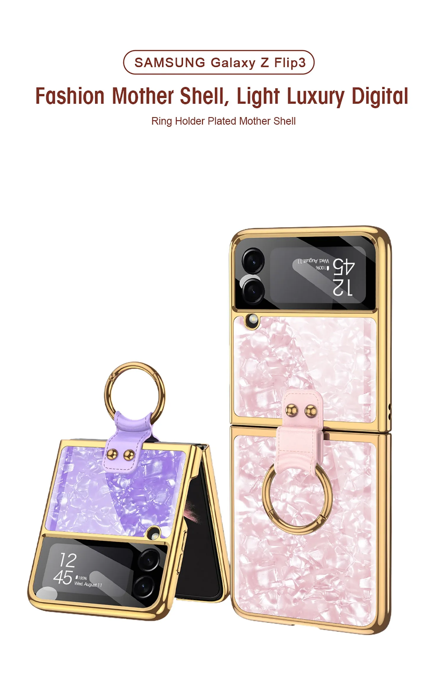 Shell Pattern Tempered Glass Case For Samsung Galaxy Z Flip 3 5G Plating Frame Ring hard Phone Cover For Galaxy Z Flip3 Case