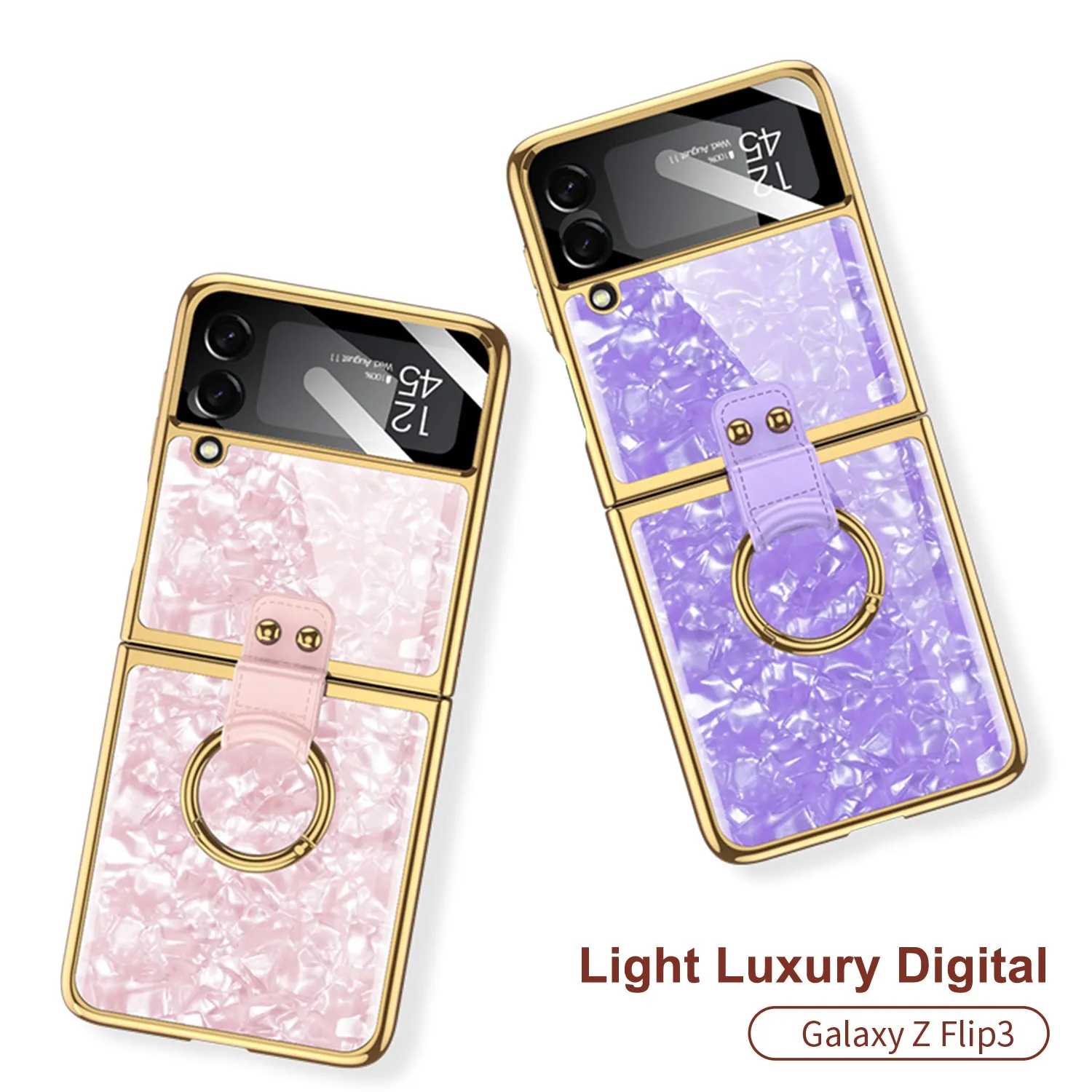 Shell Pattern Tempered Glass Case For Samsung Galaxy Z Flip 3 5G Plating Frame Ring hard Phone Cover For Galaxy Z Flip3 Case