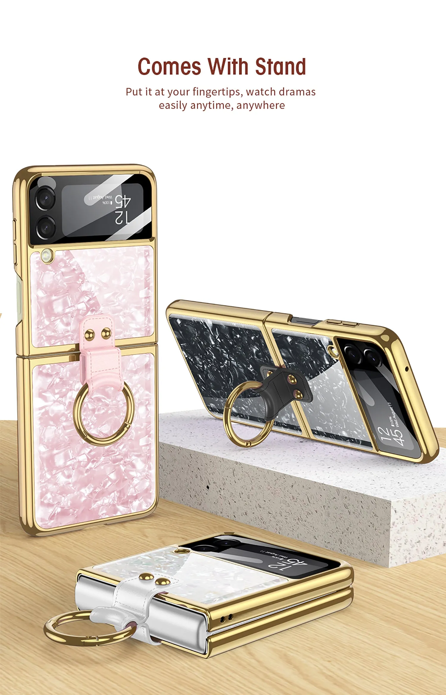 Shell Pattern Tempered Glass Case For Samsung Galaxy Z Flip 3 5G Plating Frame Ring hard Phone Cover For Galaxy Z Flip3 Case