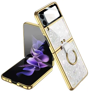 Shell Pattern Tempered Glass Case For Samsung Galaxy Z Flip 3 5G Plating Frame Ring hard Phone Cover For Galaxy Z Flip3 Case