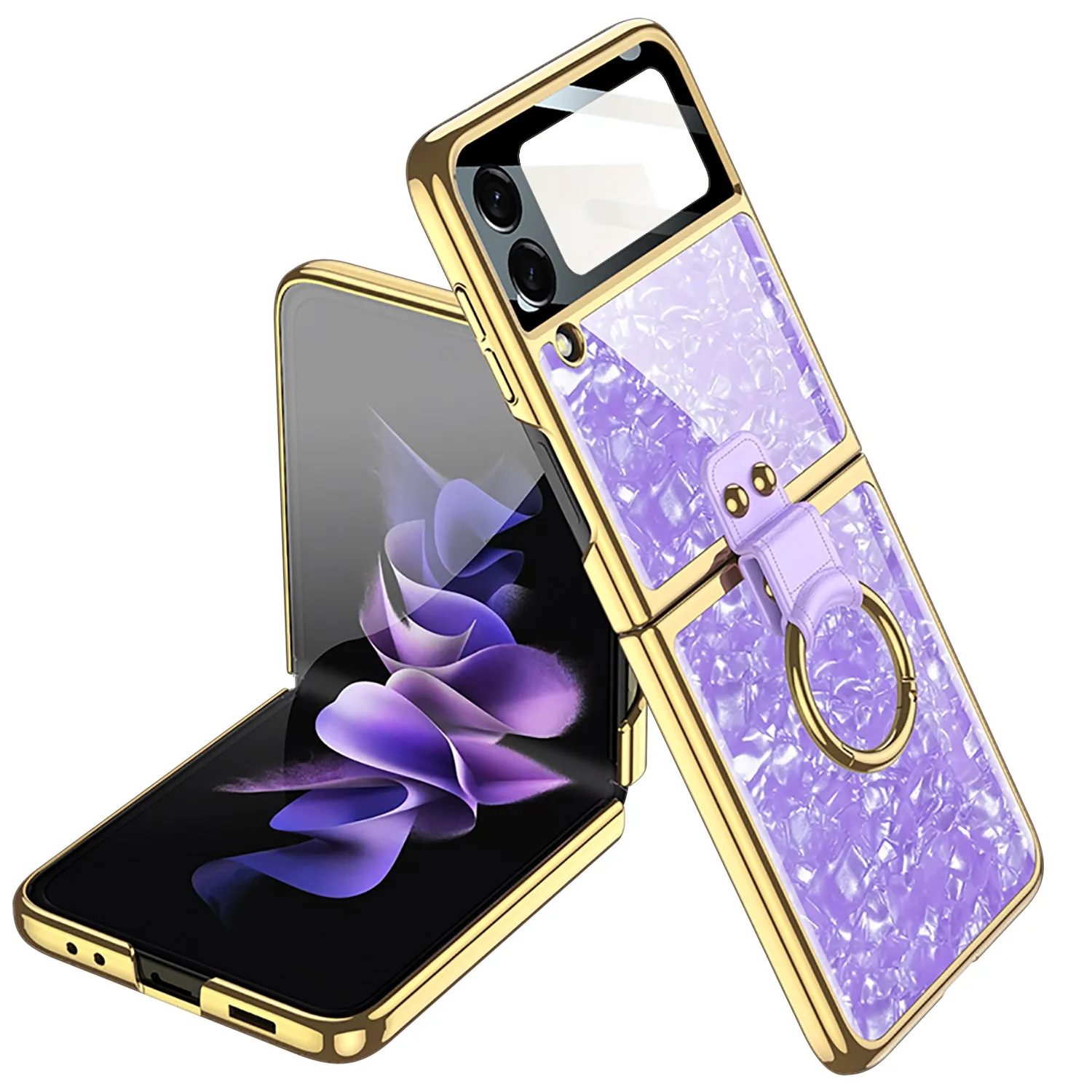 Shell Pattern Tempered Glass Case For Samsung Galaxy Z Flip 3 5G Plating Frame Ring hard Phone Cover For Galaxy Z Flip3 Case