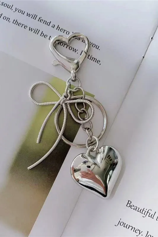 Silver Heart and Bow Bag Charm