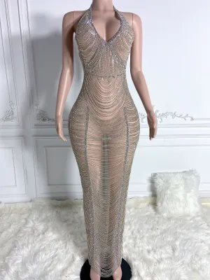 Silver Sheer Long Rhinestone Dress