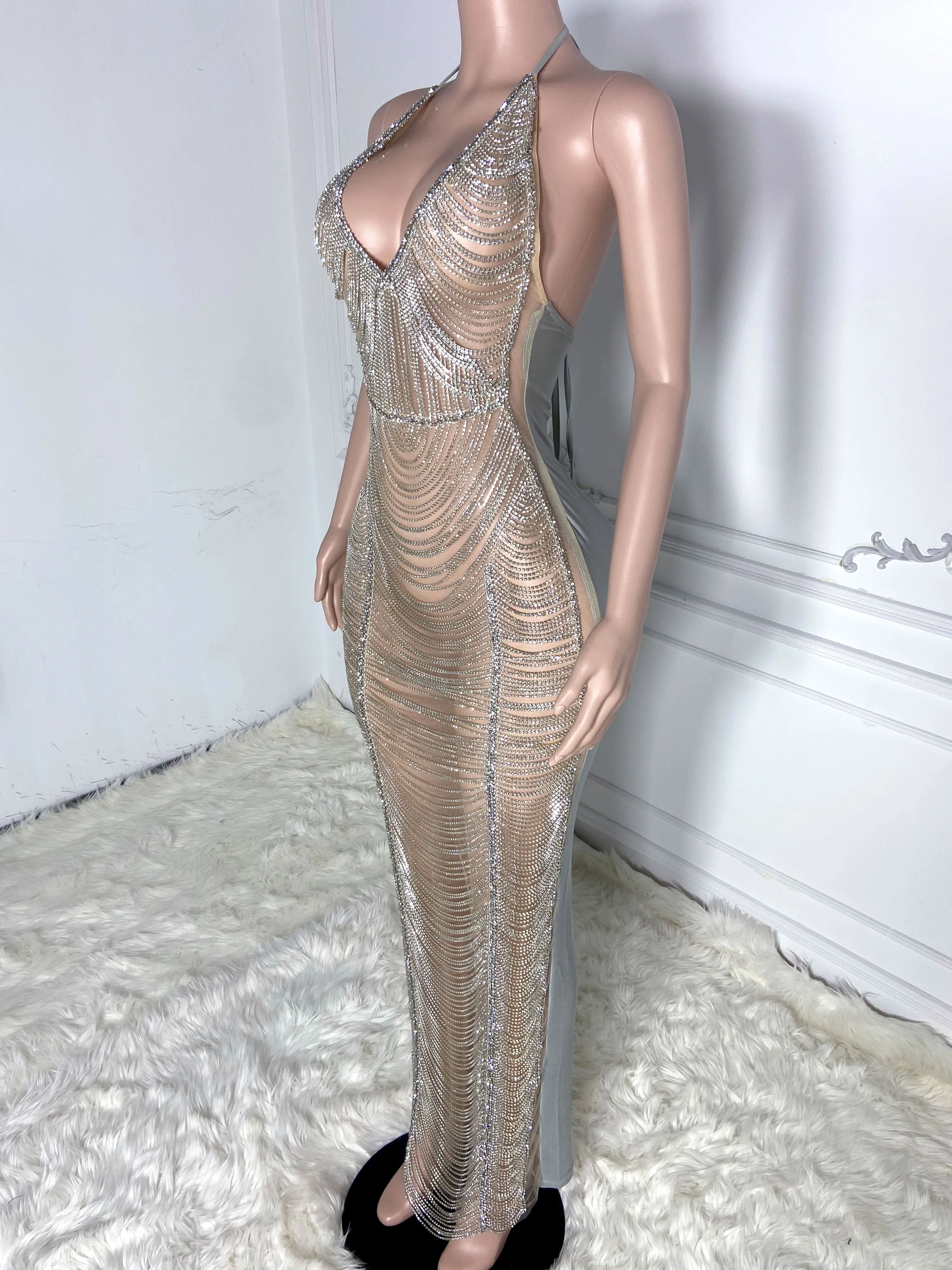Silver Sheer Long Rhinestone Dress