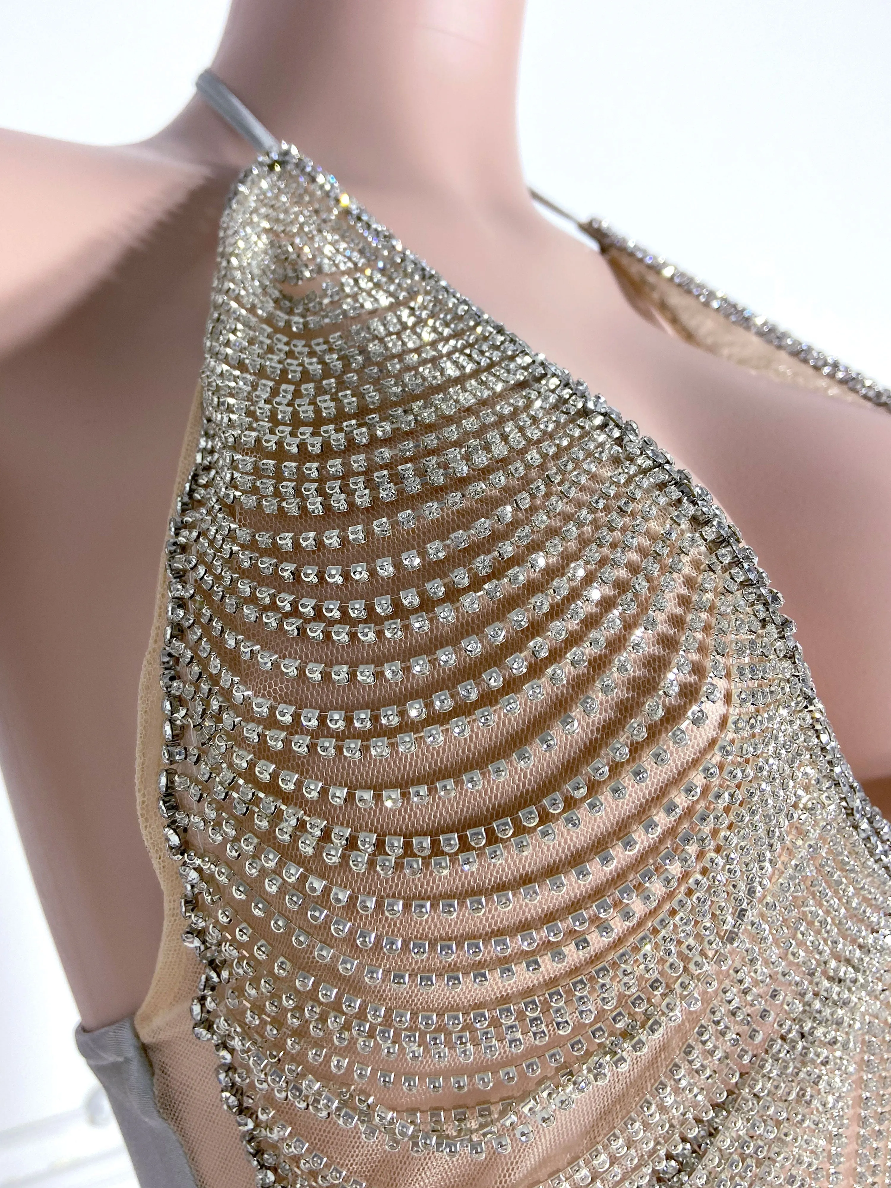 Silver Sheer Long Rhinestone Dress