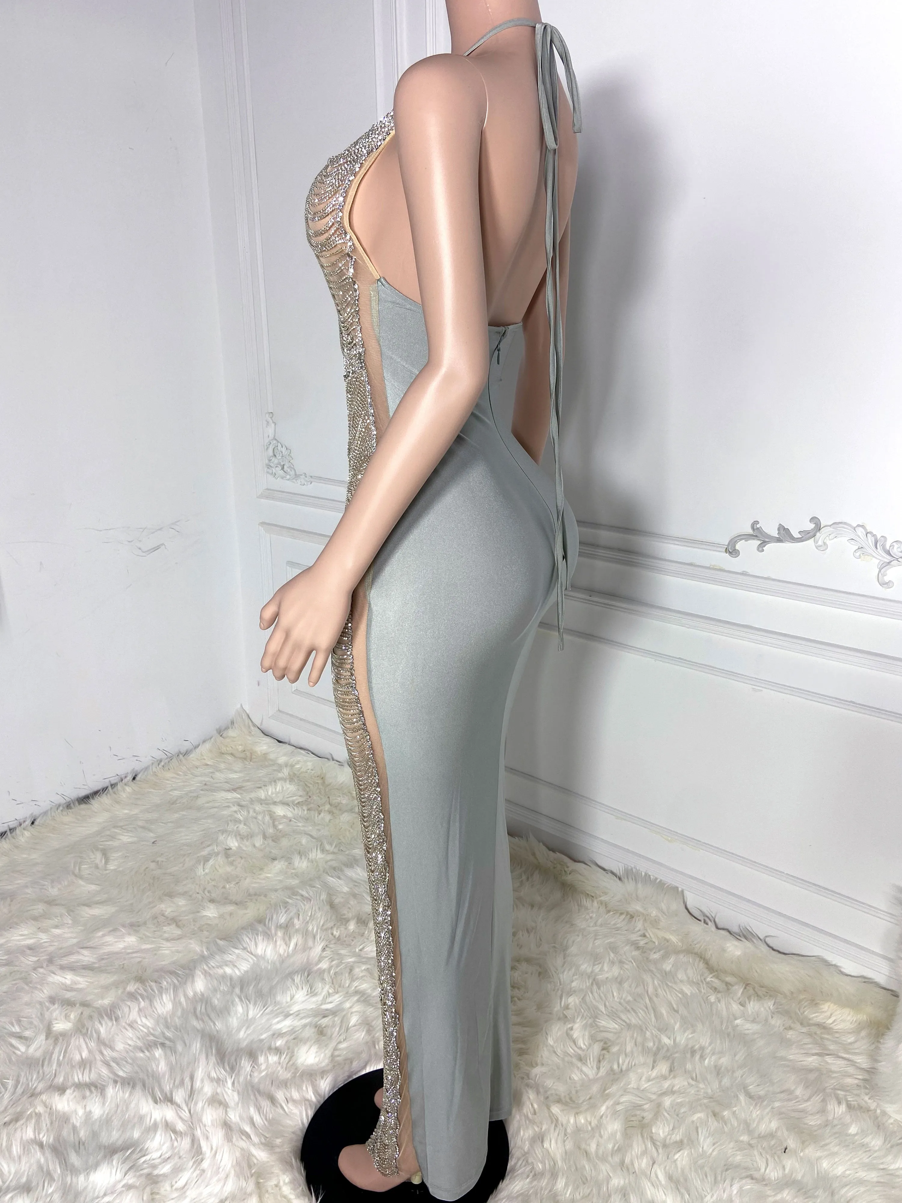 Silver Sheer Long Rhinestone Dress