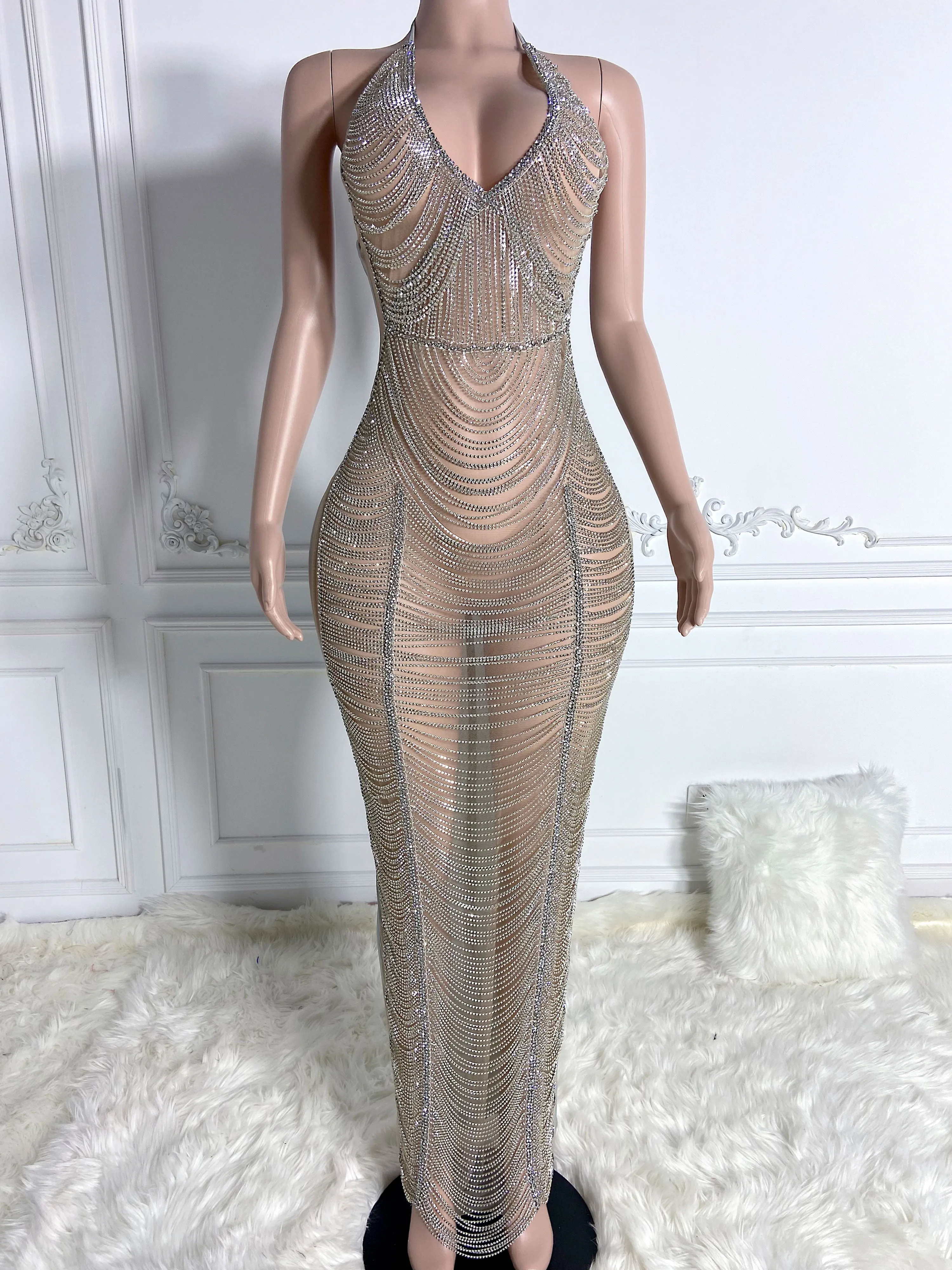 Silver Sheer Long Rhinestone Dress
