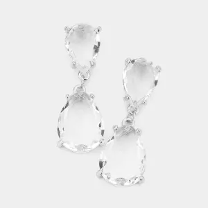 Small Clear Double Teardrop Dangle Pageant Earrings on Silver | Interview Earrings | 569754
