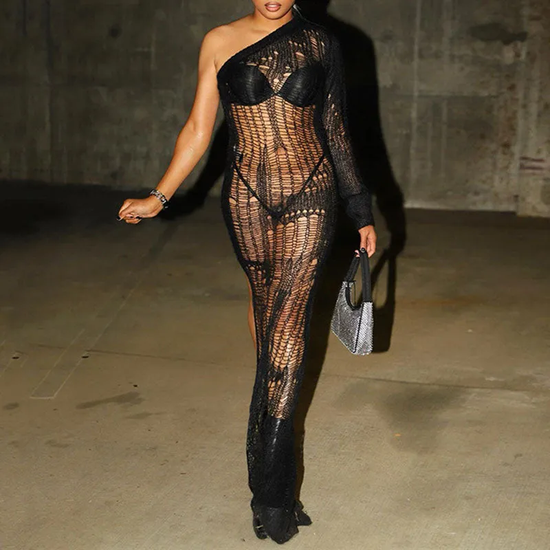 Solid One Shoulder Long Sleeve See Through Beach Cover Up Dress