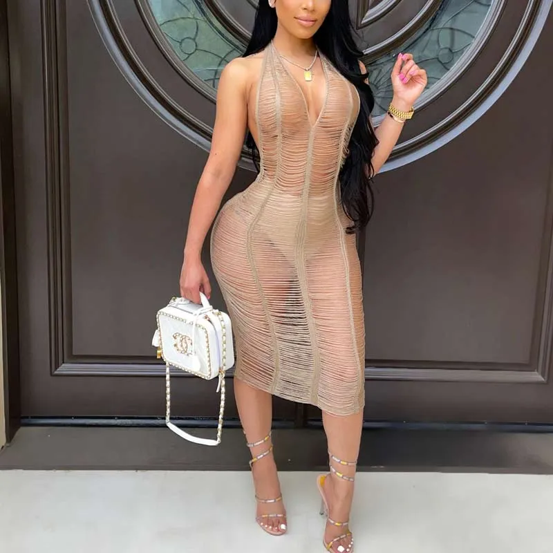 Solid Sleeveless Deep V-Neck Halter Cut Out See Through Dress
